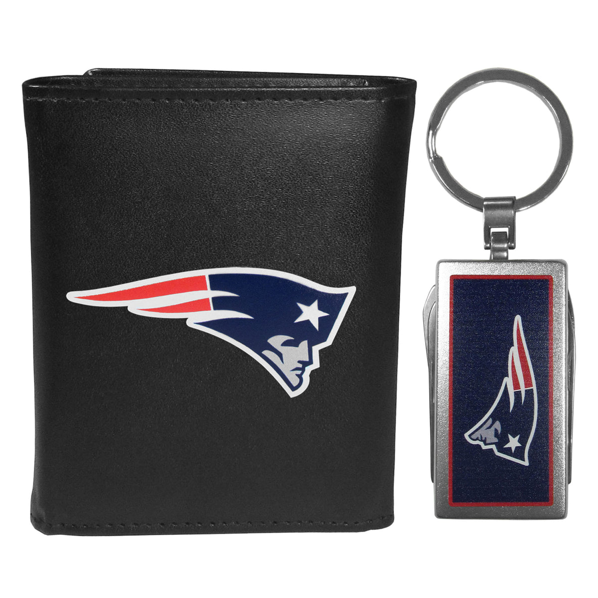 New England Patriots Leather Tri-fold Wallet & Multitool Key Chain Black