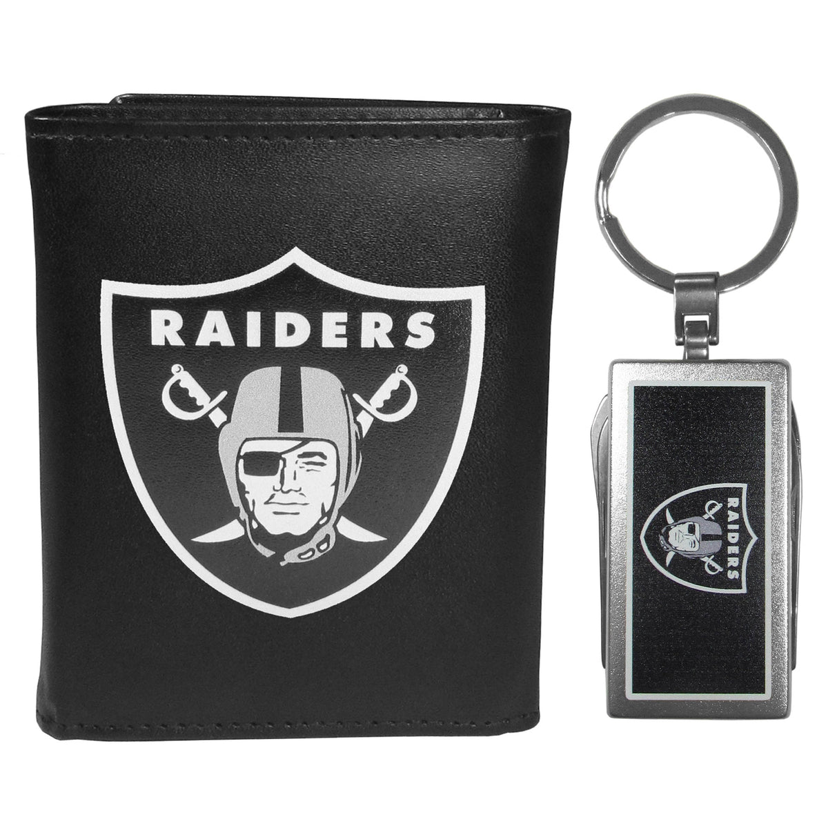 Las Vegas Raiders Leather Tri-fold Wallet & Multitool Key Chain Black