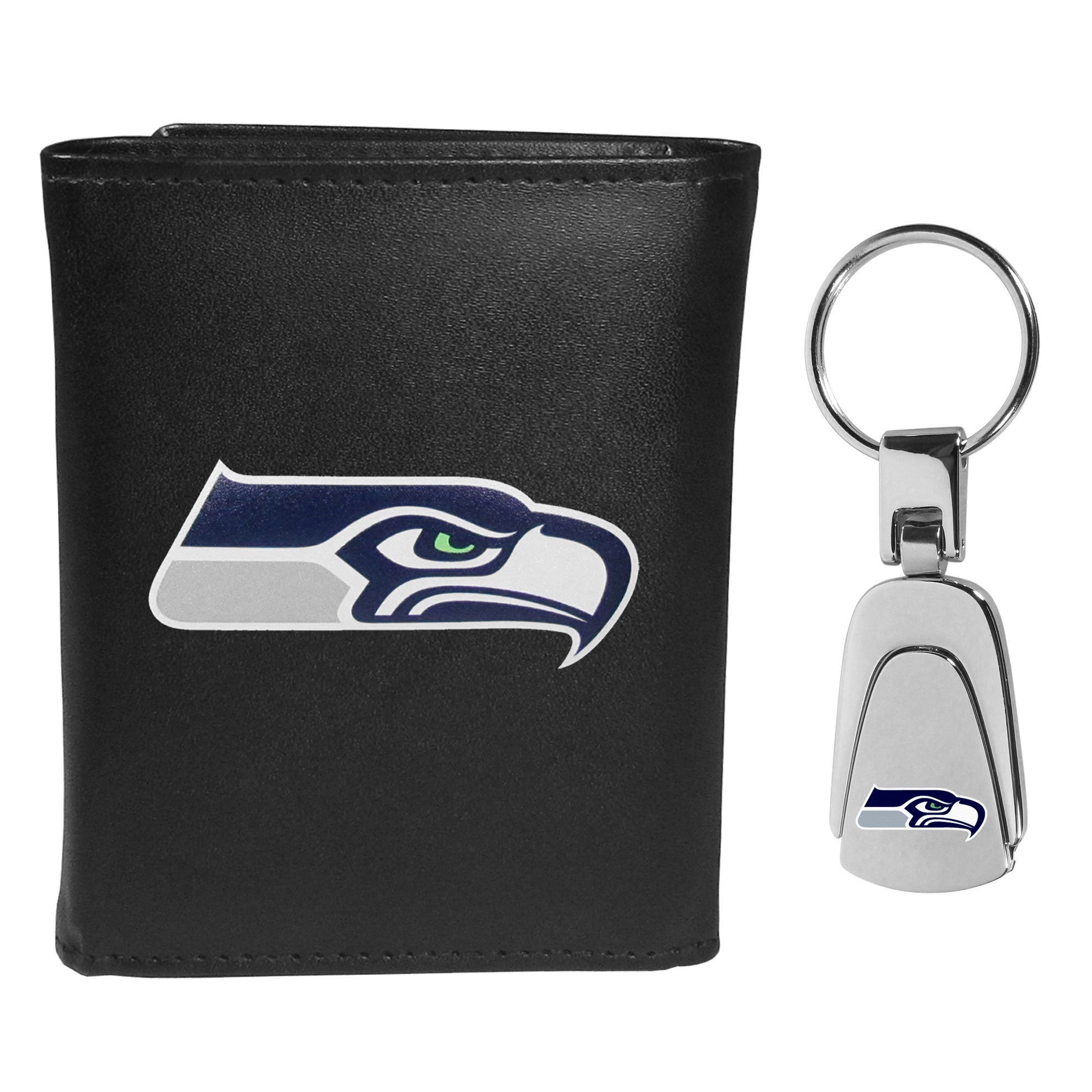 Seattle Seahawks Leather Tri-fold Wallet & Steel Key Chain