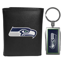 Seattle Seahawks Leather Tri-fold Wallet & Multitool Key Chain Black