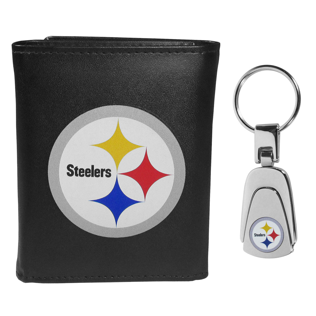 Pittsburgh Steelers Leather Tri-fold Wallet & Steel Key Chain