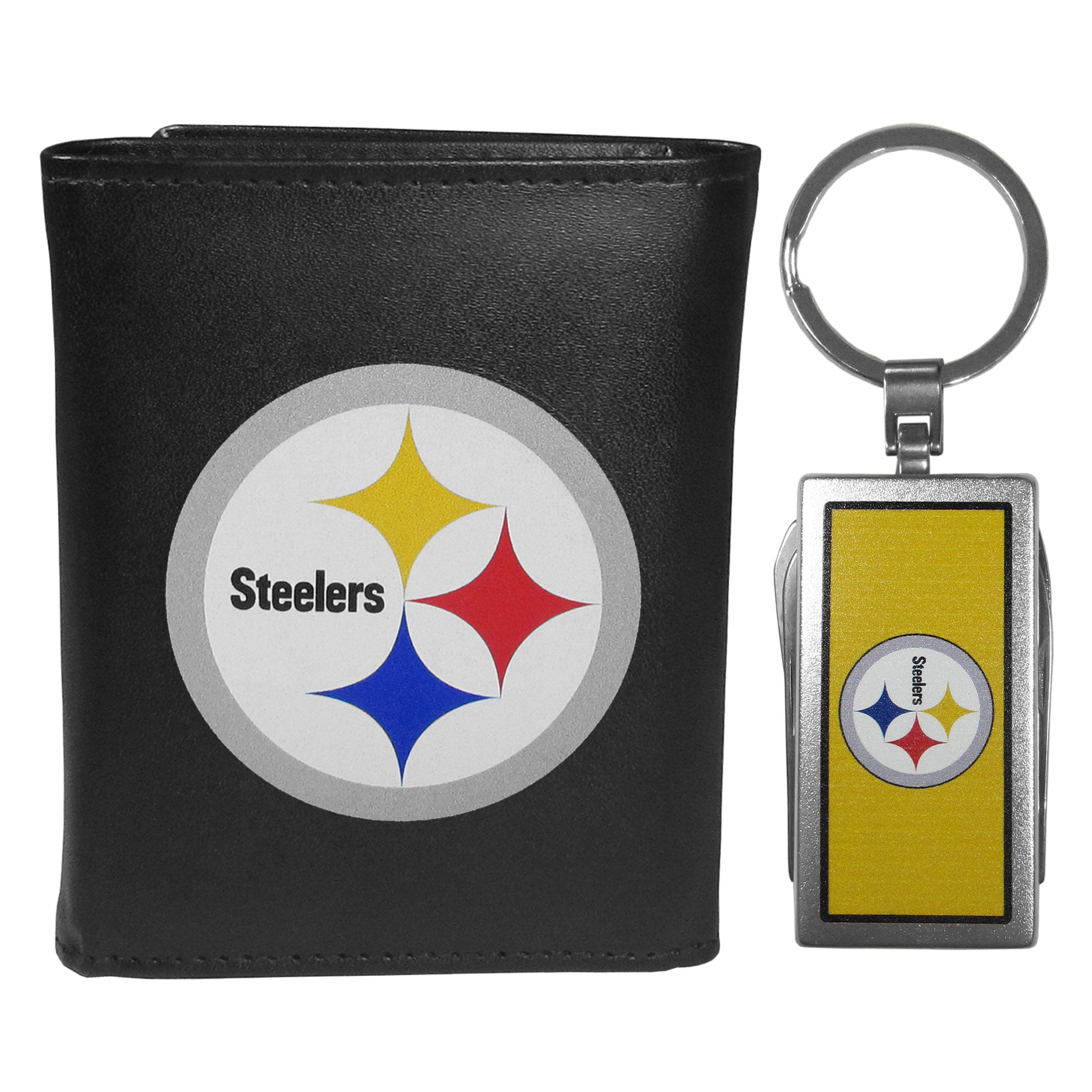 Pittsburgh Steelers Leather Tri-fold Wallet & Multitool Key Chain Black