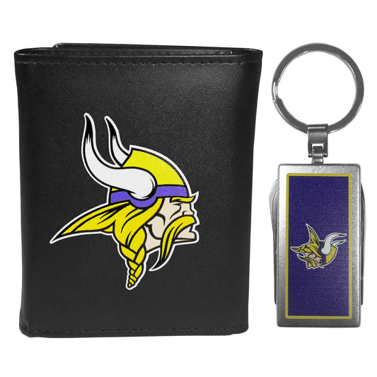 Minnesota Vikings Leather Tri-fold Wallet & Multitool Key Chain Black