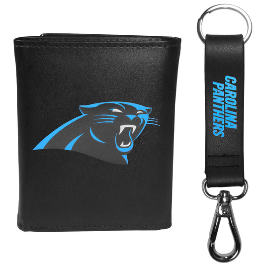 Carolina Panthers Leather Tri-fold Wallet & Strap Key Chain