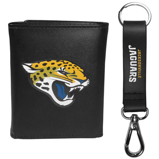 Jacksonville Jaguars Leather Tri-fold Wallet & Strap Key Chain