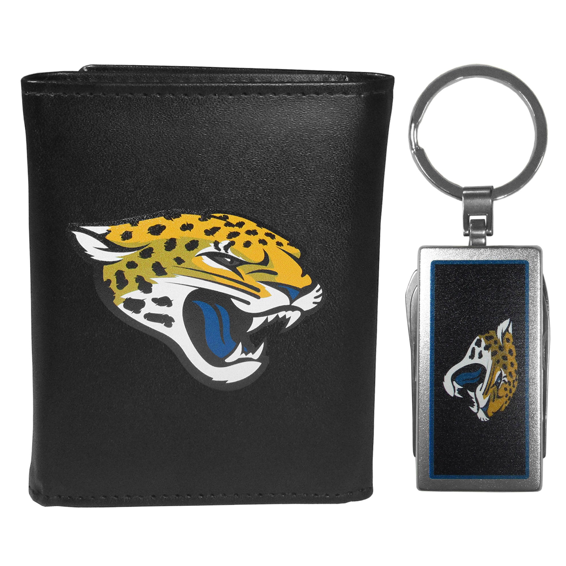 Jacksonville Jaguars Leather Tri-fold Wallet & Multitool Key Chain Black