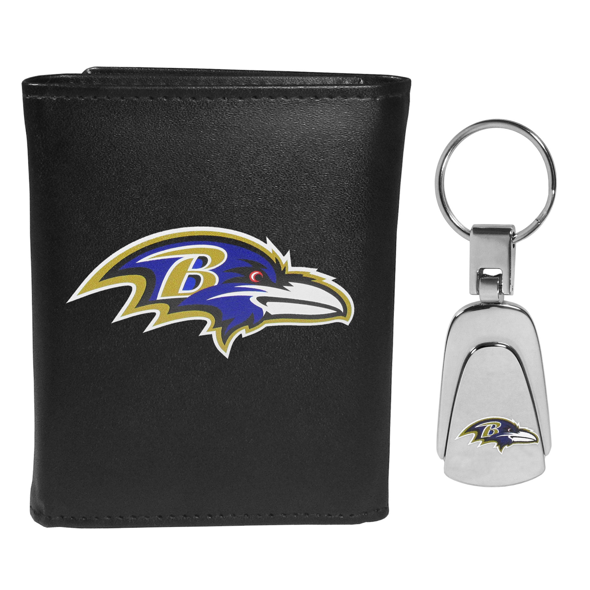 Baltimore Ravens Leather Tri-fold Wallet & Steel Key Chain