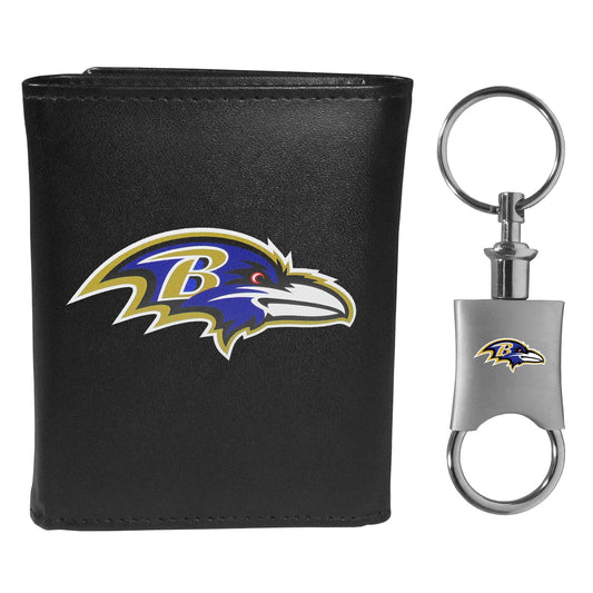 Baltimore Ravens Leather Tri-fold Wallet & Valet Key Chain - Baltimore Ravens