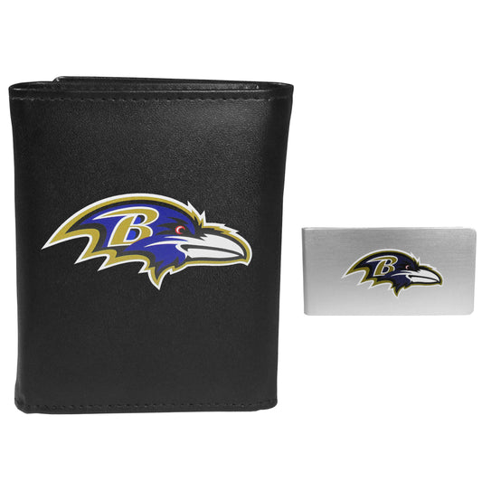 Baltimore Ravens Leather Tri-fold Wallet & Color Money Clip