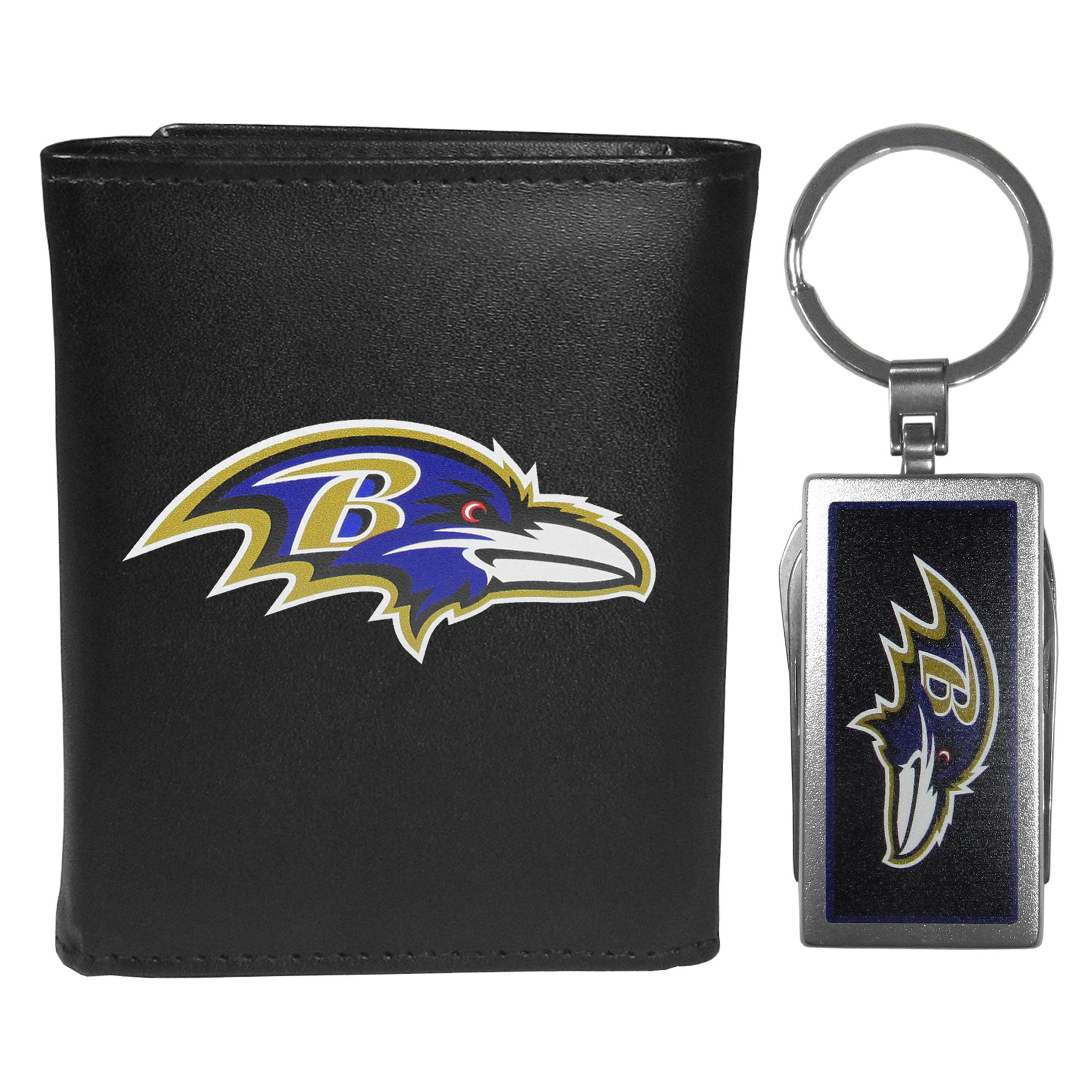 Baltimore Ravens Leather Tri-fold Wallet & Multitool Key Chain Black