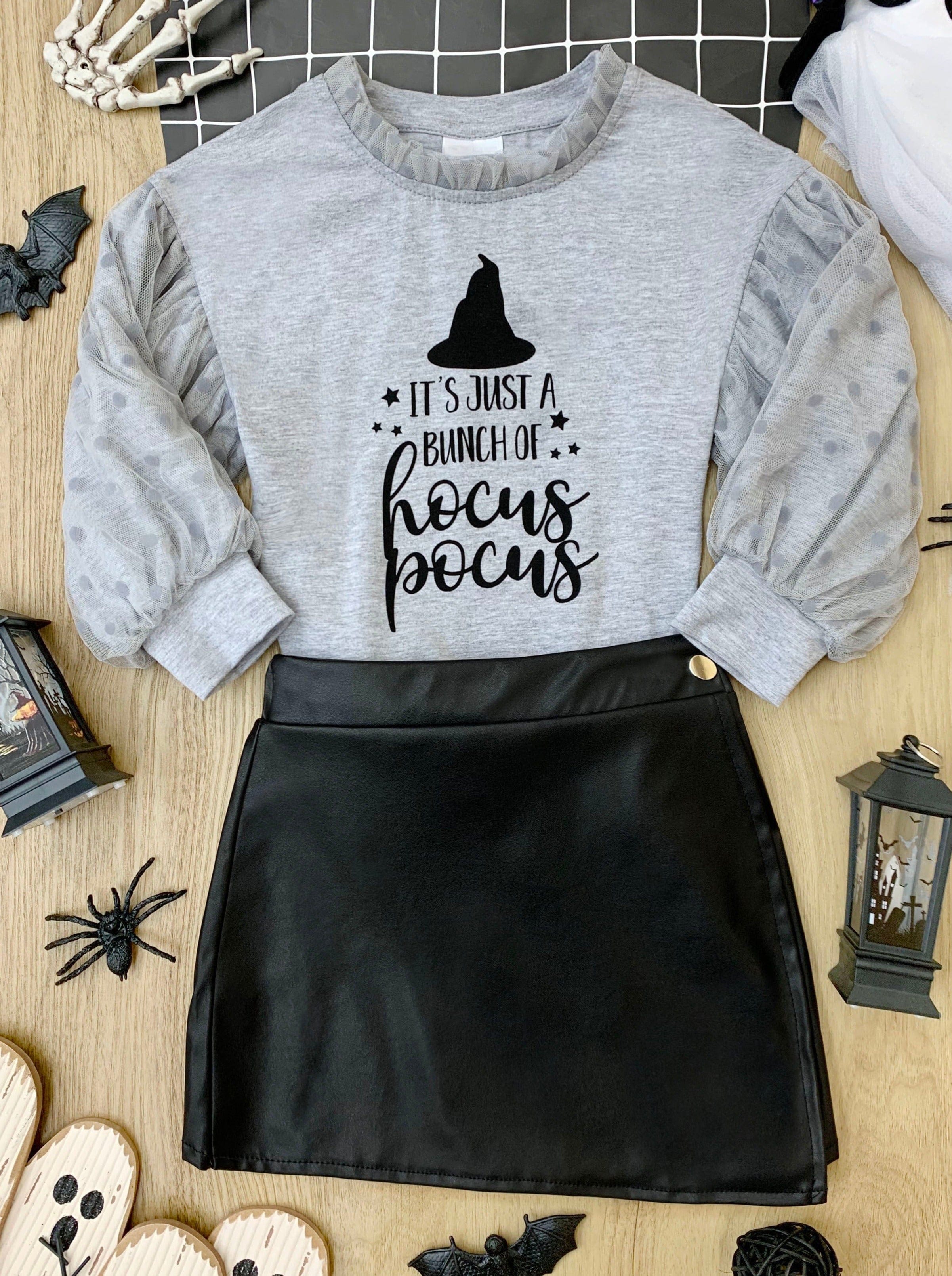 Bunch Of Hocus Pocus Sweater and Vegan Leather Skirt Set - Mia Belle Girls