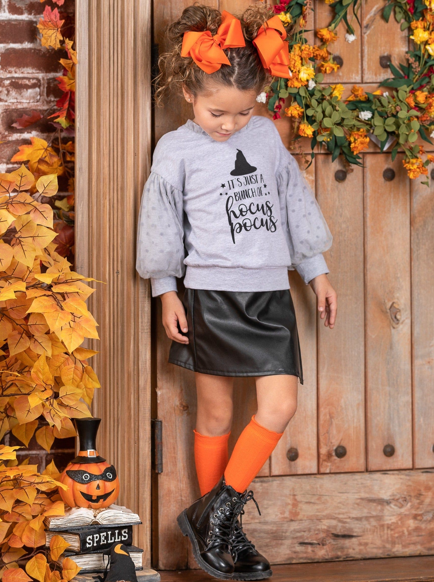 Bunch Of Hocus Pocus Sweater and Vegan Leather Skirt Set - Mia Belle Girls