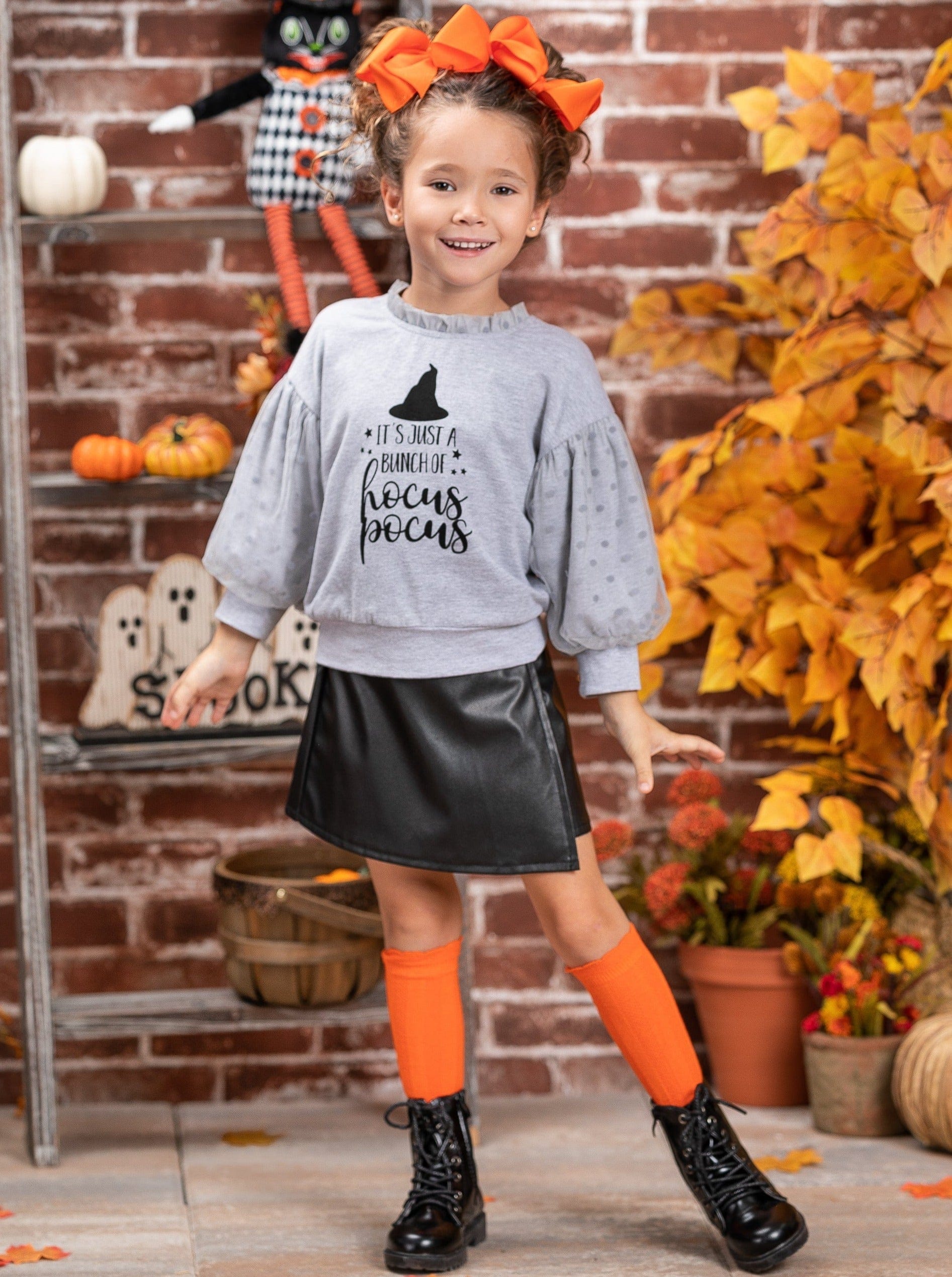 Bunch Of Hocus Pocus Sweater and Vegan Leather Skirt Set - Mia Belle Girls