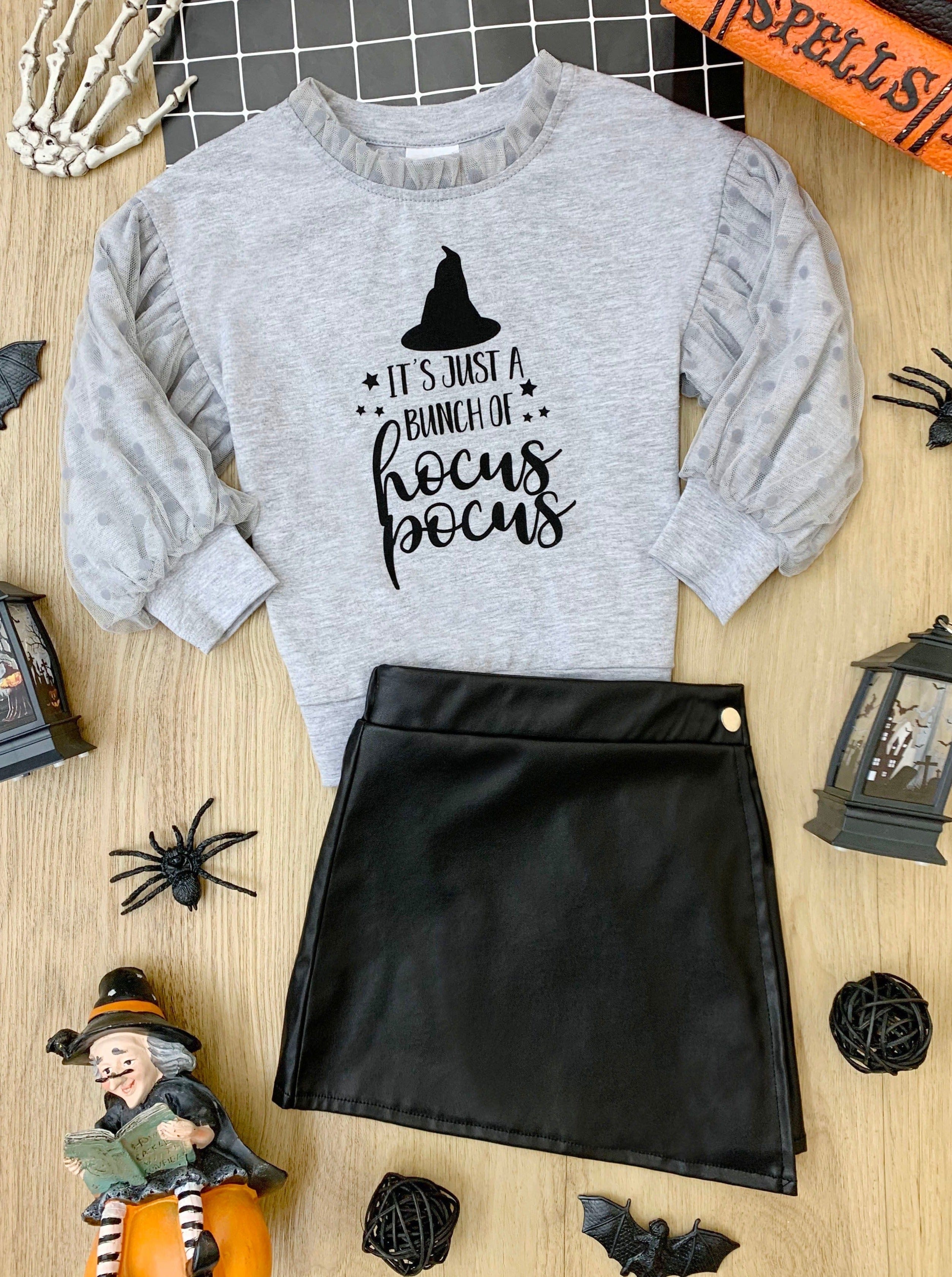 Bunch Of Hocus Pocus Sweater and Vegan Leather Skirt Set - Mia Belle Girls