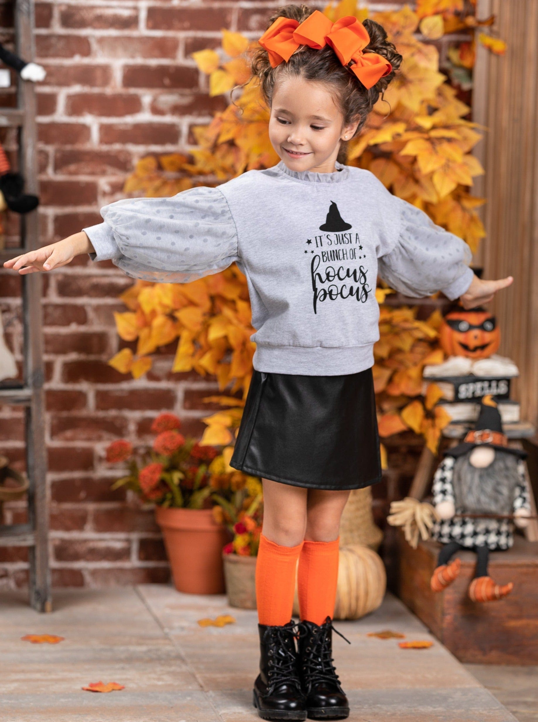 Bunch Of Hocus Pocus Sweater and Vegan Leather Skirt Set - Mia Belle Girls