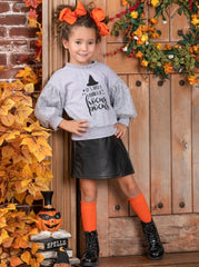 Bunch Of Hocus Pocus Sweater and Vegan Leather Skirt Set - Mia Belle Girls