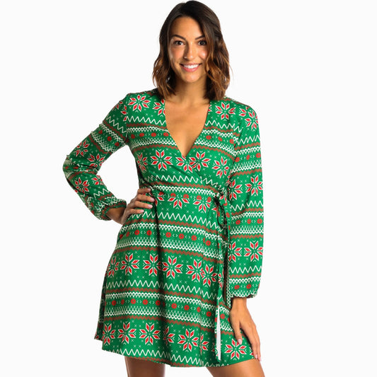 The Kris Kringle | Green Fair Isle Christmas Wrap Dress