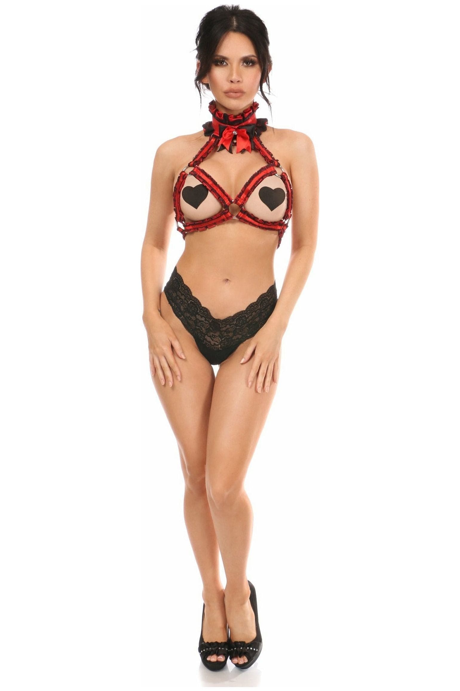 Daisy Corsets Kitten Collection Red/Black Lace Bra Top Body Harness - Daisy Corsets