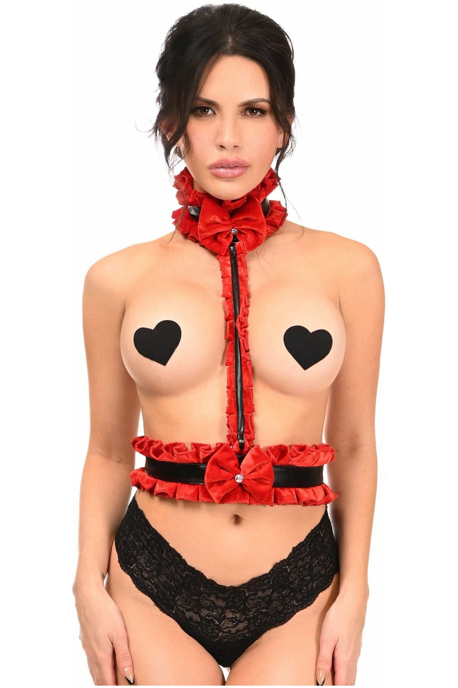 Daisy Corsets Kitten Collection Red Velvet & Faux Leather Single Strap Body Harness