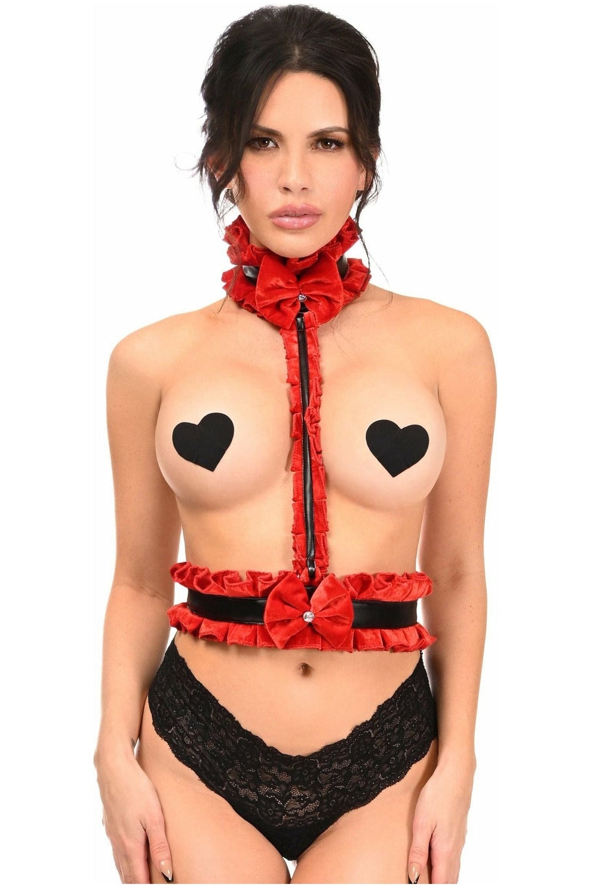 Daisy Corsets Kitten Collection Red Velvet & Faux Leather Single Strap Body Harness - Daisy Corsets