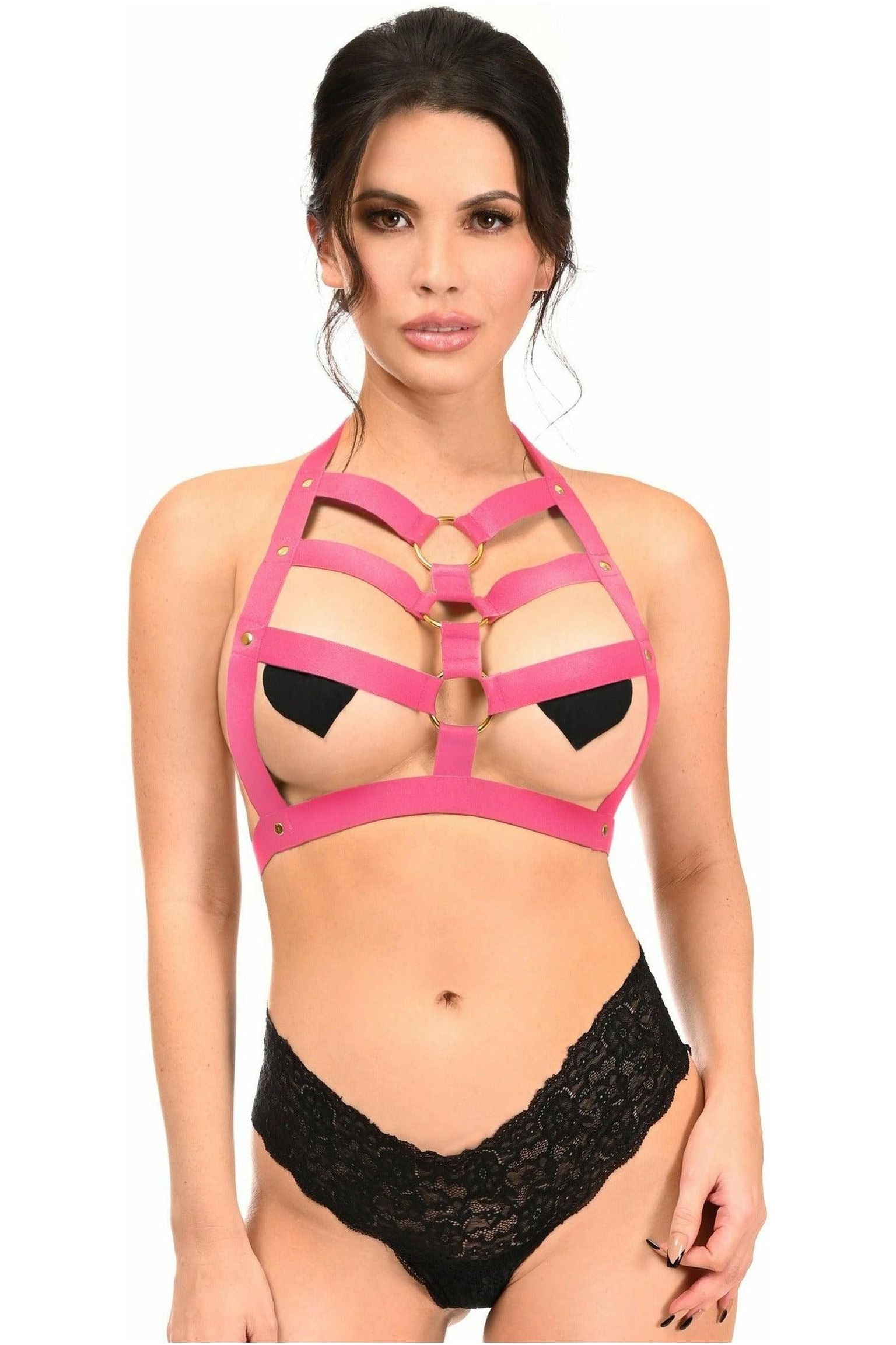 Daisy Corsets BOXED Hot Pink Stretchy Body Harness w/Gold Hardware