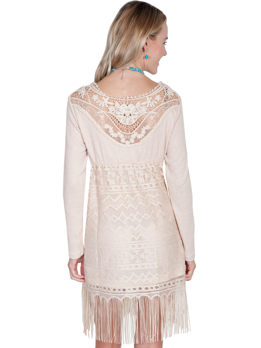 Honey creek natural lace/fringe dress w/knit sleeves