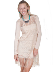 Honey creek natural lace/fringe dress w/knit sleeves