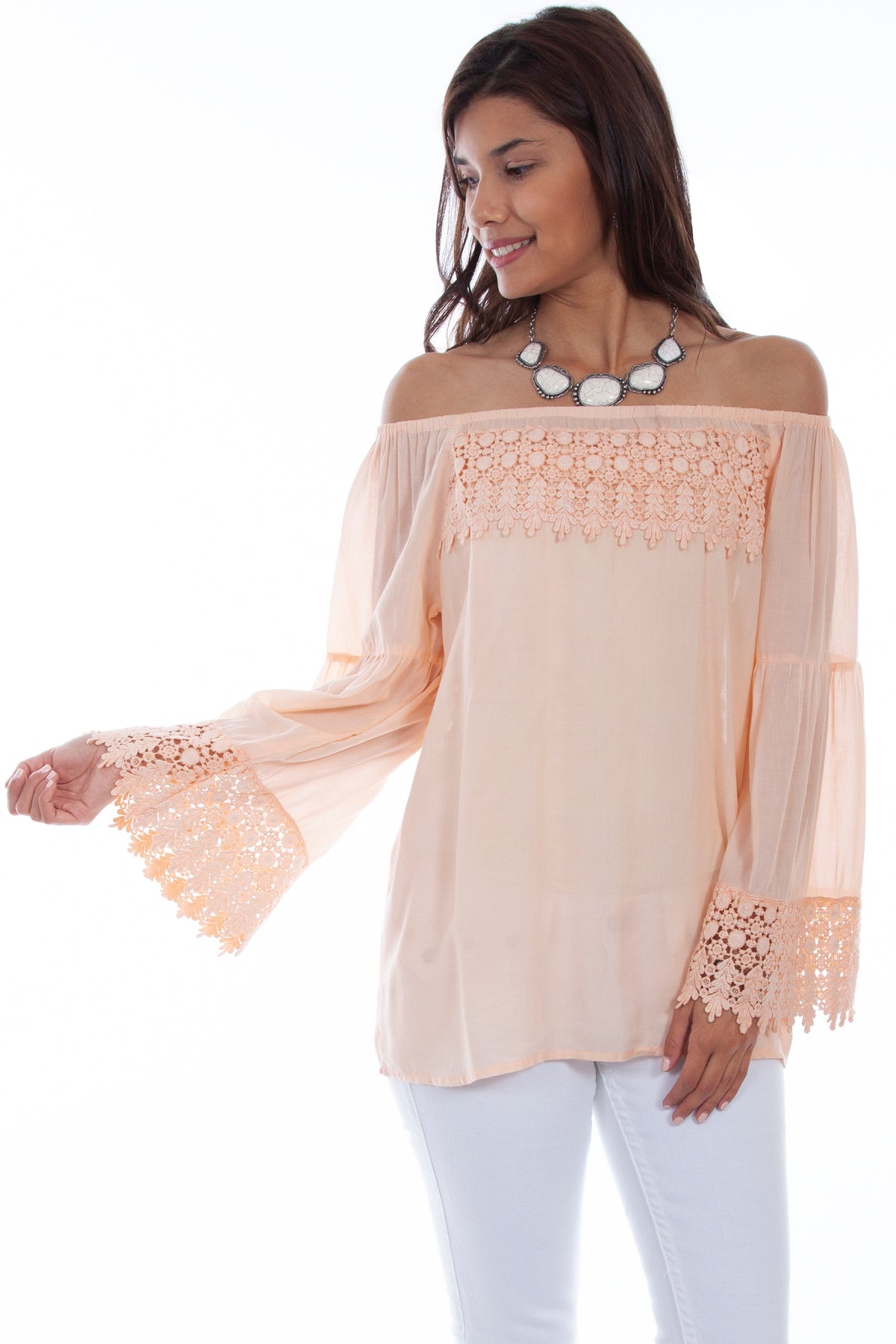 Honey creek peach peasant blouse w/crochet lace - Scully Leather