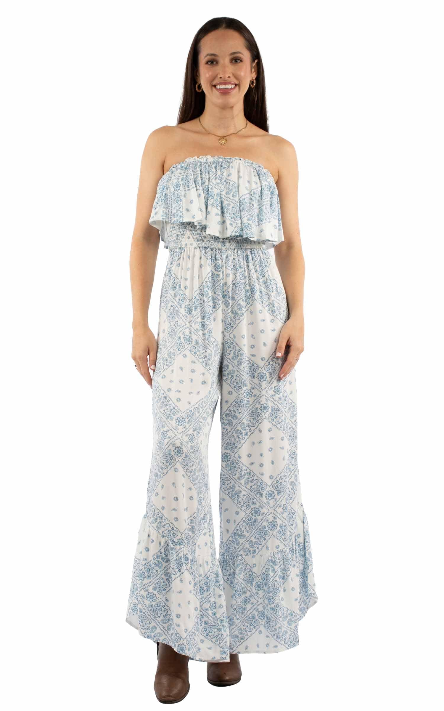 honey creek white bandana print jumpsuit ruffle top