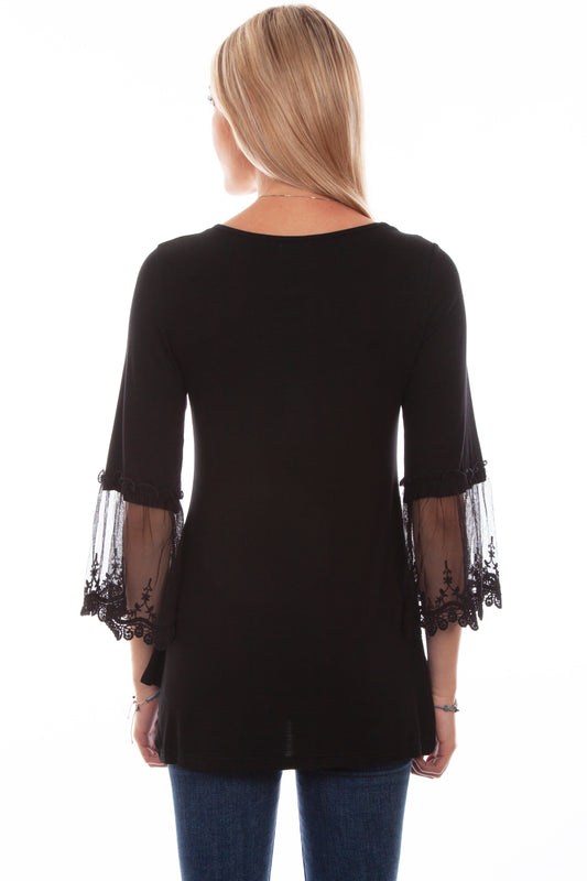 Honey creek black solid top w/tulle crochet sleeves