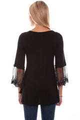 Honey creek black solid top w/tulle crochet sleeves