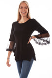 Honey creek black solid top w/tulle crochet sleeves