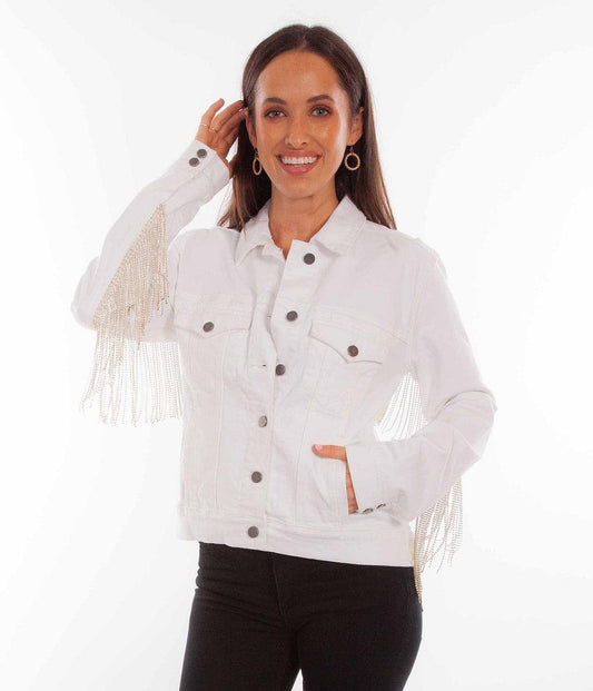 Scully Leather White Denim Jacket W/Rhinestone Fringe - Flyclothing LLC