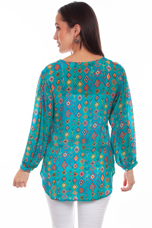 Honey creek turquoise pullover v-neck print blouse