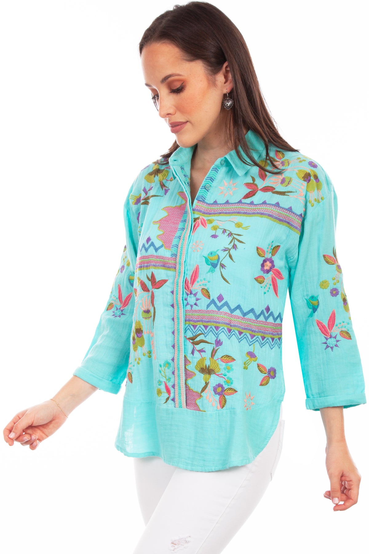 Honey creek turquoise double gauze emb. Blouse