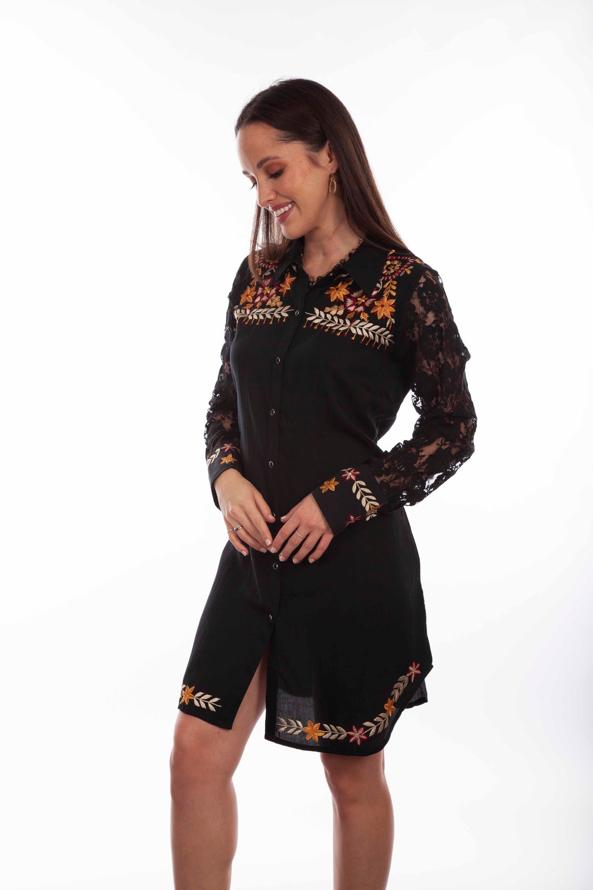 Honey creek black emb. Shirt-dress w/lace sleeves