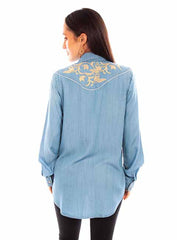 Scully Leather Blue Tencel Blouse W/Emb. & Piping