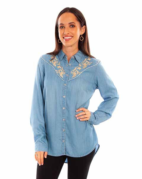 Scully Leather Blue Tencel Blouse W/Emb. & Piping