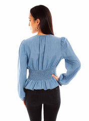 Scully Leather Denim Peplum Blouse W/Lace Up