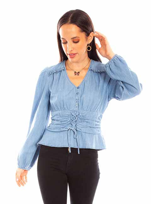 Scully Leather Denim Peplum Blouse W/Lace Up