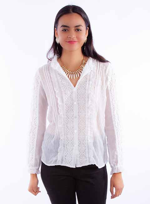 Scully Leather White Pintuck Emb Blouse Cotton Texture