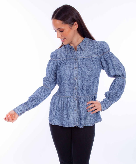 Honey creek blue tiered shirt w/smock tier sleeve