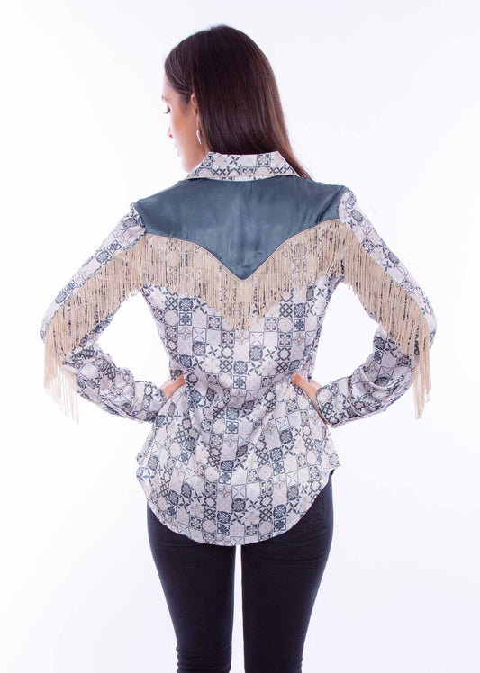 Scully Leather Honey Creek Print Blouse W/Back Fringe