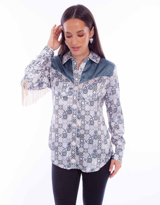 Scully Leather Honey Creek Print Blouse W/Back Fringe