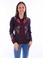 Honey creek black-red floral emb. Top w/red piping