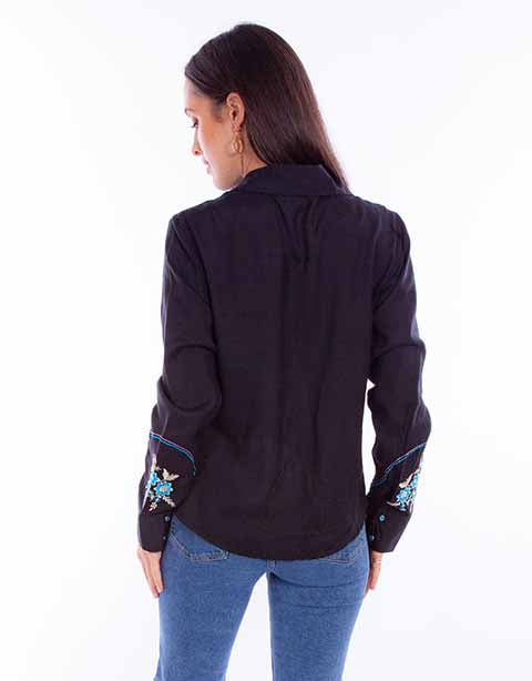 Scully Leather Black Flral Emb. Top With Smile Pocket Emb