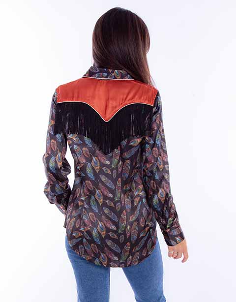 Scully Leather Black Feather Print W/Fringe & Cont. Yoke