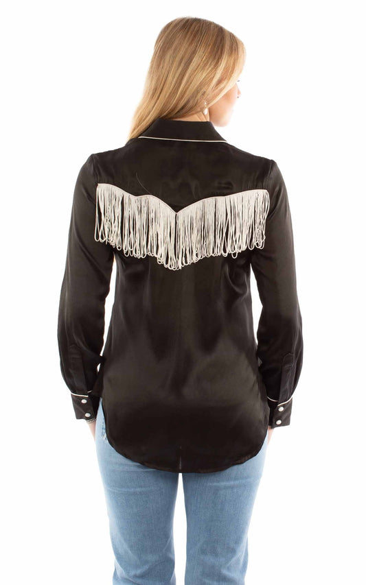 honey creek black 100% polyester solid blouse with piping/fringe