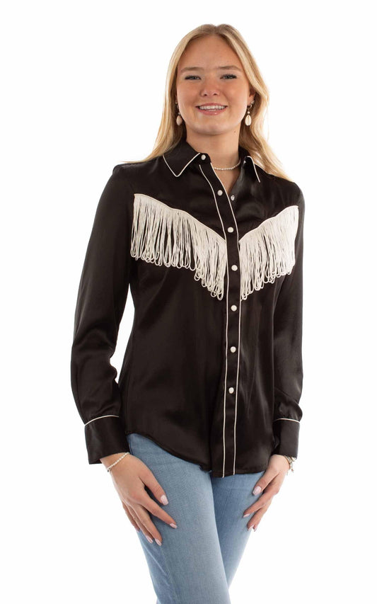 honey creek black 100% polyester solid blouse with piping/fringe