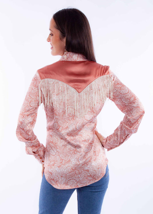 Honey creek peach print blouse w/solid yokes & fringe